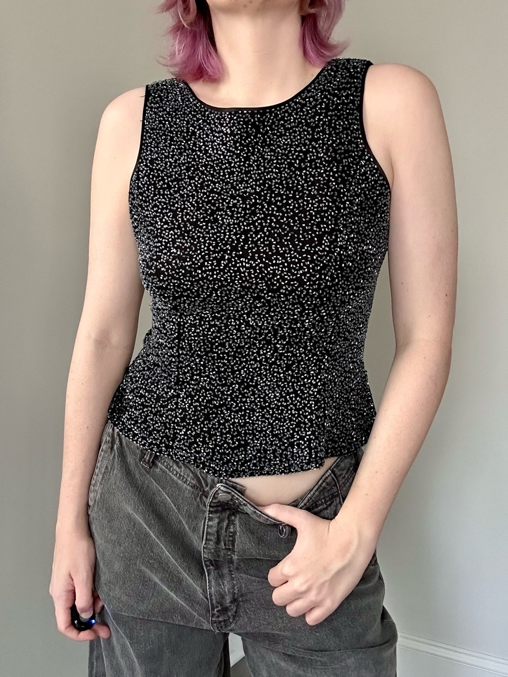 Vintage 1980s-90s Laurence Kazar Glass Beaded Sleeveless Top Blouse